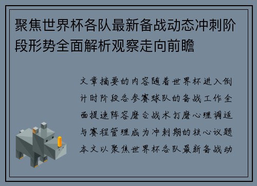 聚焦世界杯各队最新备战动态冲刺阶段形势全面解析观察走向前瞻