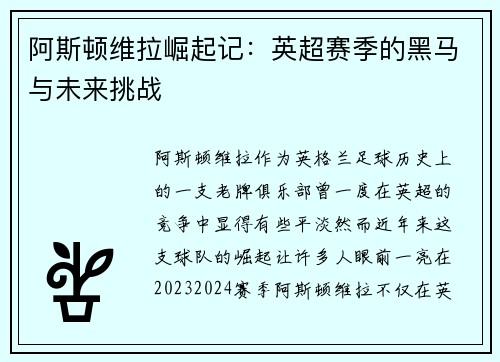 阿斯顿维拉崛起记:英超赛季的黑马与未来挑战 阿斯顿维拉崛起记:英超赛季的黑马与未来挑战
